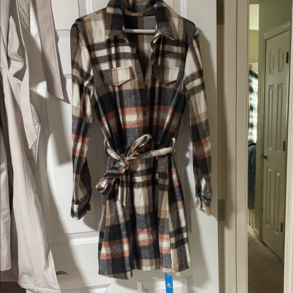 Plaid Shirt Dress with Tie Waist - Cream, Navy & Rust